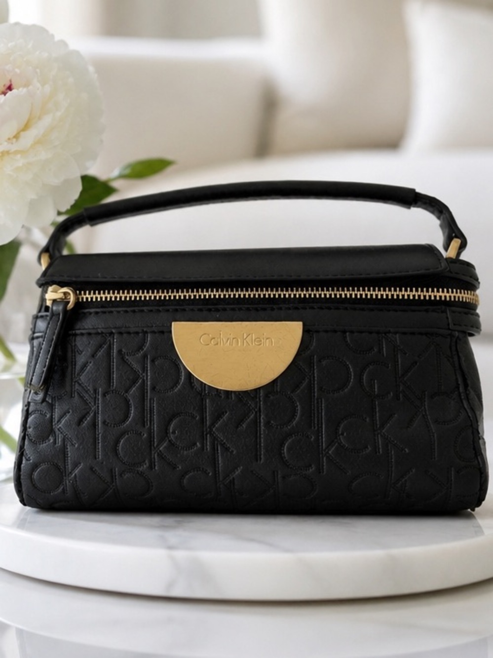 Calvin Klein Black Embossed Logo Mini Top-Handle Bag with Gold Plate